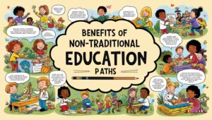 Students exploring the benefits of non-traditional education paths in a colorful, cartoon-style illustration.
