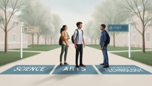 Students choosing college programs at campus crossroads