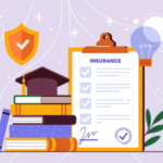 Illustration of education insurance policy with books, graduation cap, and checklist