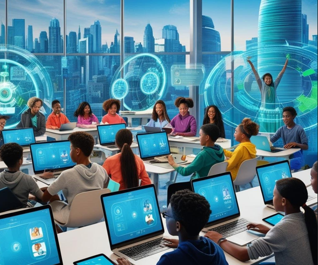 Futuristic classroom with online degree focus