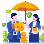 Two professionals under an umbrella symbolizing protection, discussing financial matters during an insurance internship.