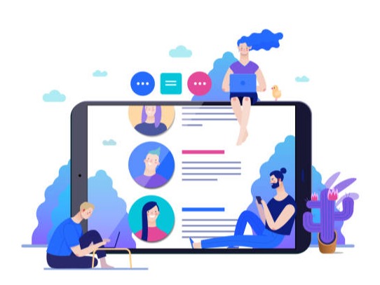 Illustration of people connected via insurance networking platform on a large tablet