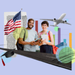International students with US flag, airplane, and study icons
