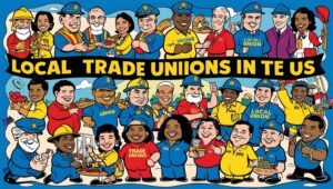 Cartoon-style illustration of diverse union workers representing local trade unions in the United States