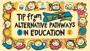 Smiling students sharing tips about alternative educational pathways in a colorful illustration.