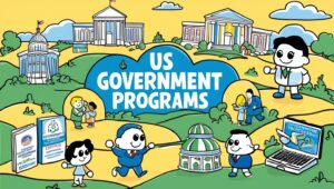 Cartoon illustration of US government programs with people, buildings, and services in a colorful landscape.