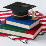 US education system with books and graduation cap on American flag map.