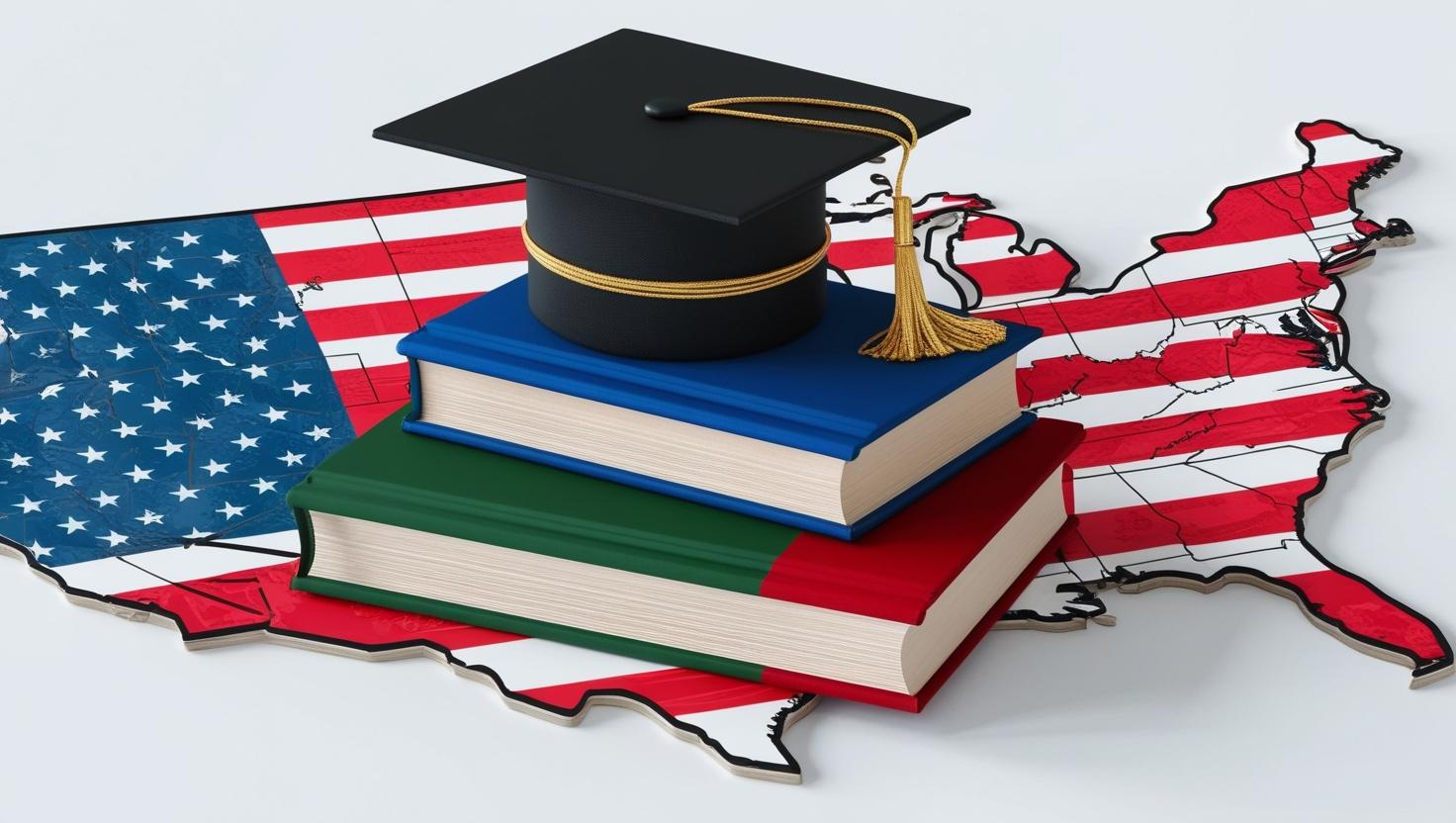 US education system with books and graduation cap on American flag map.